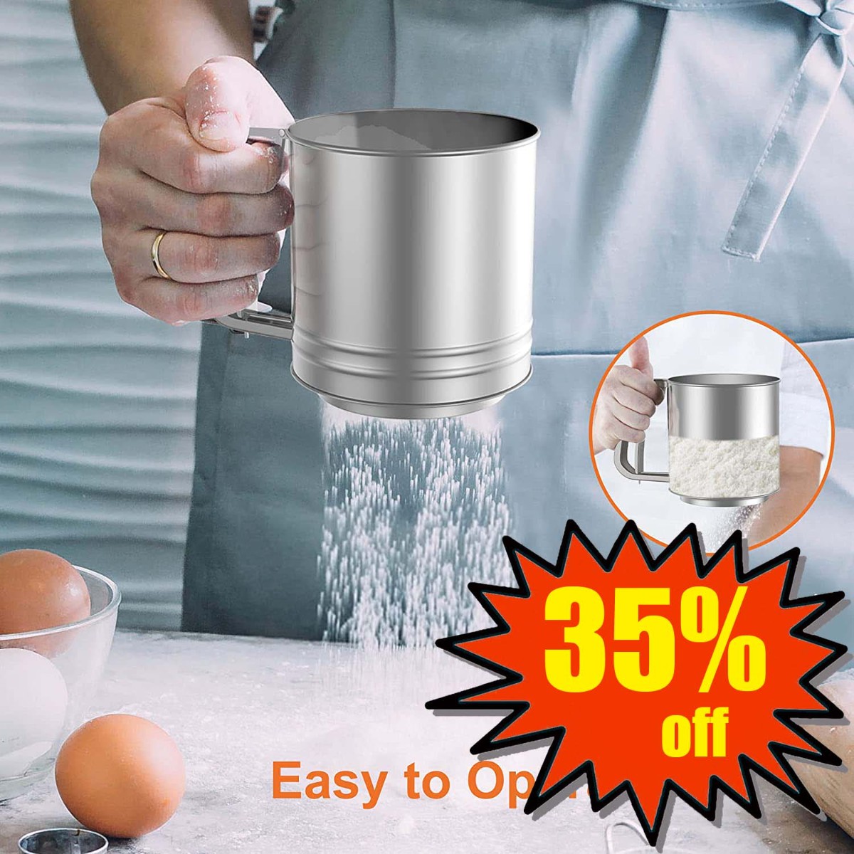 （Valid In: US）Flour Sifter, Baking Stainless Steel Flour Sieve Cup - 35% OFF